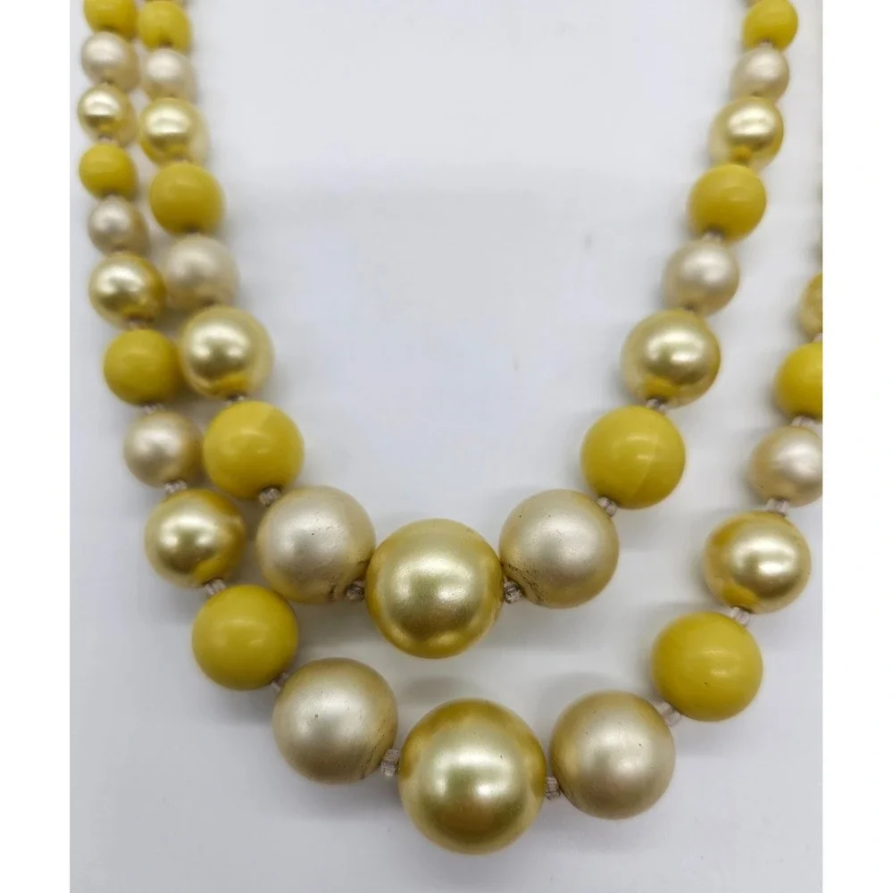 Vintage TWO Strand Necklace Signed‎ Japan Yellow Beads Hook Closure 17